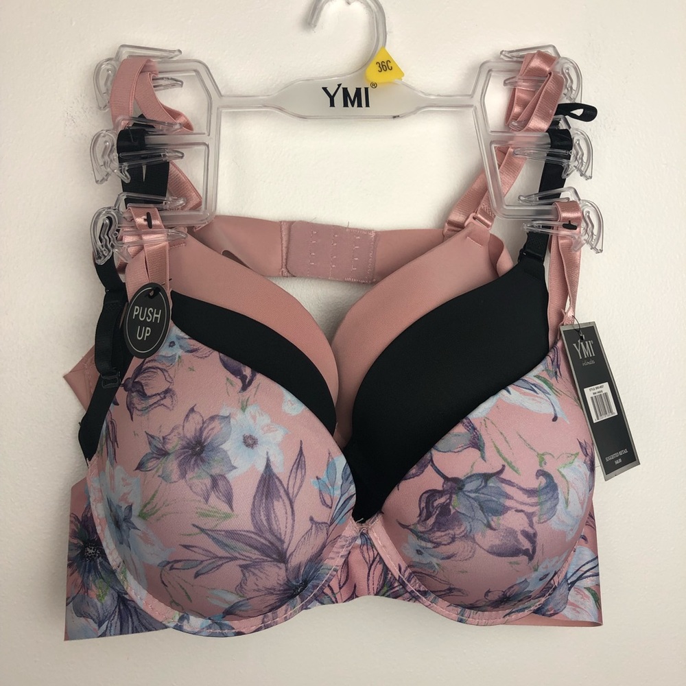 NWT YMI 3 Bras Size 36C Color Black, Pink and Pink/Purple Floral Print